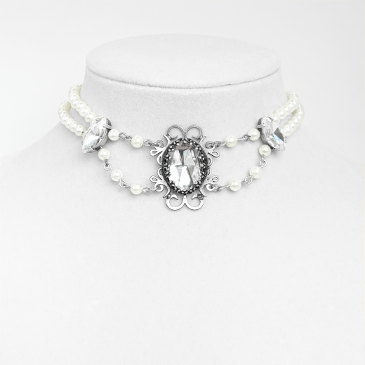 Perlencollier, Trachtenkette "Lilly" weiß Perle mit klarem Kristallstein
